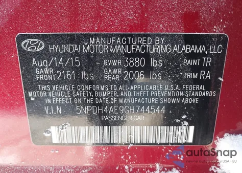 2016 Hyundai Elantra Se from USA, damaged, VIN 5NPDH4AE9GH744544